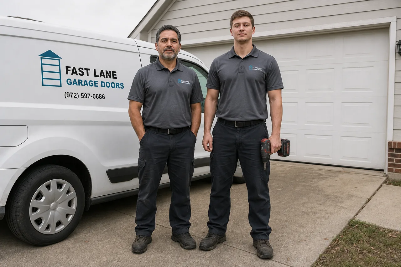 Fast Lane Garage Doors technicians and service van outside a home in Lewisville, TX