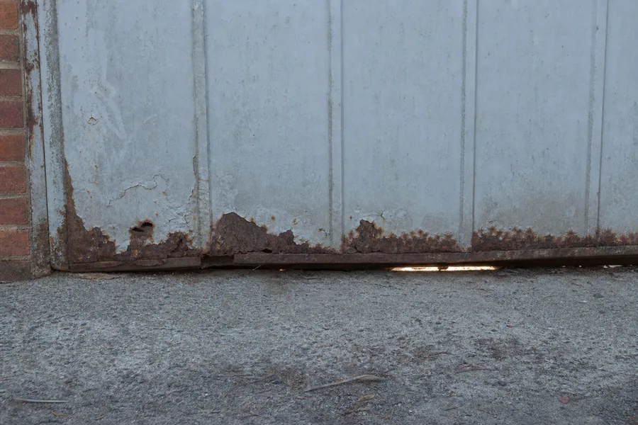 A rusted-through bottom rail on an old garage door in Lewisville, TX